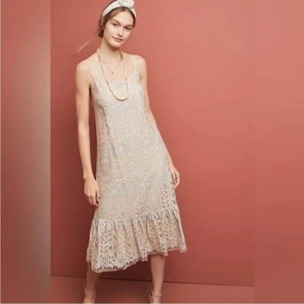 Anthropologie Eri + Ali cream and light blue Lace midi dress cottage core spring